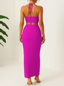 Elegant purple two-piece set featuring a halter crop top and long skirt for vacation