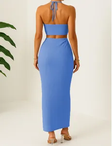 Back view detail of blue pleated two-piece set with halter top and maxi skirt