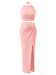 Detailed view of pink pleated two-piece set with halter crop top and split maxi skirt