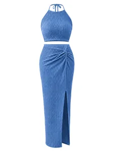 Blue two-piece set featuring pleated halter crop top and high-waisted side split maxi skirt