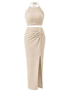 Elegant beige two-piece vacation set with pleated halter top and high slit maxi skirt.