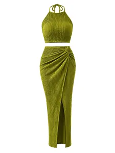 Elegant olive green pleated halter crop top and side slit maxi skirt two-piece set