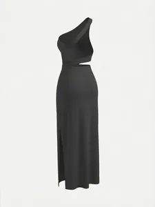 Detailed back and side view of a black one-shoulder maxi dress with a high slit