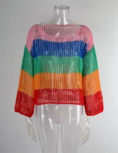 Detail view of the vibrant rainbow striped crochet knit cover-up showing hollow texture.