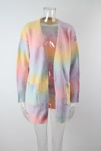 Soft rainbow gradient tie-dye oversized open-front knit cardigan sweater with patch pockets