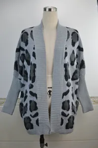 Elegante cardigan in maglia con stampa leopardata grigia donna vestibilità comoda