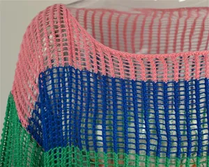 Close-up detail showing the texture of a colorful rainbow crochet mesh knit cover-up sweater