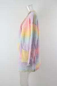Side view of oversized rainbow tie-dye knit cardigan on transparent mannequin detail