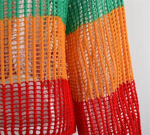 Detailed macro shot showing the hollow-out texture of a rainbow striped knit cover-up