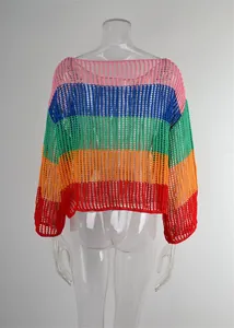 Detailed back view of a colorful rainbow open-knit long-sleeved summer beach cover-up
