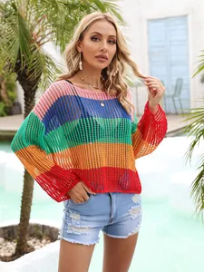 Stylish vibrant rainbow hollow-out crochet cover-up for summer beach vacations and sun protection