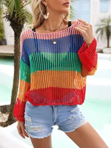 Vibrant rainbow crochet hollow-out knit cover-up sweater for tropical beach holiday