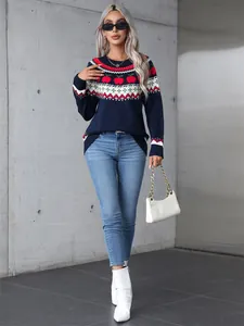 Jersey navideño de punto azul marino para mujer con festivo estampado de manzanas
