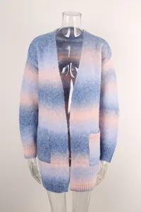 Soft rainbow gradient knit cardigan with long sleeves and front pockets on mannequin