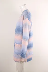Side view of loose rainbow gradient knit cardigan with pocket and ribbed cuffs.