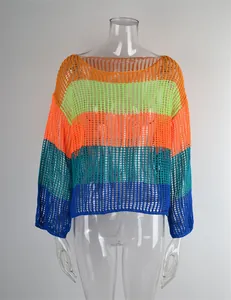 Detailed view of the colorful hollow-out knit texture on a rainbow striped cover-up