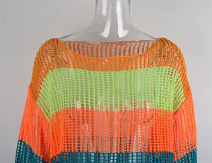 Detailed macro view of the colorful striped hollow-out crochet beach cover-up knitwear