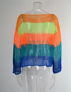 Back view of colorful striped crochet openwork knit cover-up sweater on mannequin