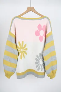 Close-up of the floral patterns and striped sleeves on this colorful knit sweater detail