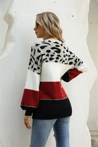 Detailed back view of a trendy leopard print color-block knit sweater with bold red stripes