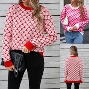 Front and back views of a women's red and white heart checkered pattern knit sweater