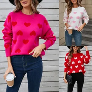 View of different color variants of the heart pattern knitted sweater for women