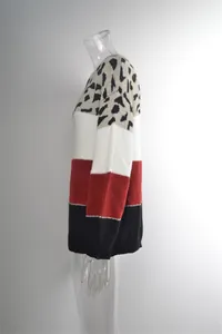 Side view of women's leopard print and color block spliced pullover knit sweater