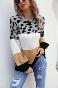 Front detail of women's leopard print and color-block knit sweater styled on model