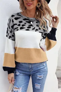 Detail view of a women's crew neck knit sweater with leopard print and color-blocking