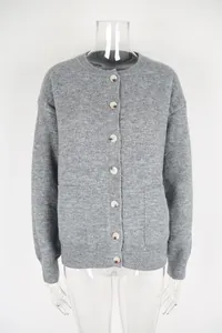 Grey knit round neck button-down cardigan with pockets for women's winter wear