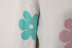Close-up detail of the knitted texture and teal flower pattern on the sweater sleeve.