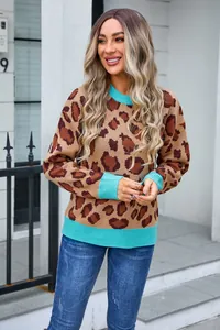 Detailed outdoor view of a women's leopard print pullover sweater with turquoise trim.