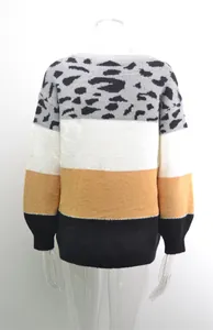 Detailed view of women's color-block leopard print oversized crewneck knit sweater top