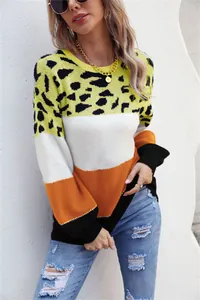 Detail view of a vibrant leopard print color-block knit sweater worn by a fashion model.