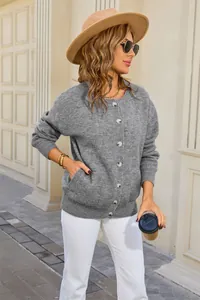 Elegant grey round neck knitted cardigan sweater with front buttons and pockets for women