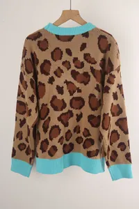 Detailed back view of casual leopard print knit sweater with vibrant blue ribbed trims