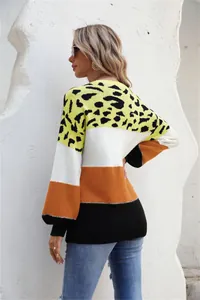 Back view of a trendy leopard print and color block crewneck knit sweater for women