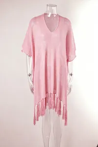Pink oversized hollow-out knit beach cover-up with decorative fringe hem for women