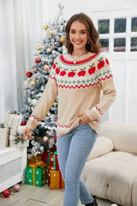 Suéter festivo de Navidad para mujer con motivos de manzanas rojas y patrones geométricos