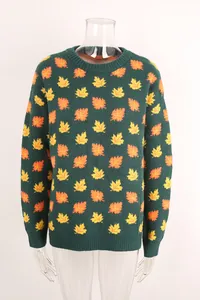 Dark green round neck knit sweater with vibrant orange and yellow maple leaf pattern