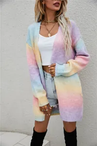 Detail of colorful rainbow tie-dye knit cardigan with soft pastel gradient texture.