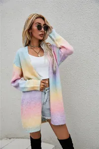 Stylish rainbow tie-dye long sleeve open front oversized knit cardigan for women