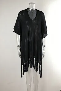 Front view detail of a black knitted beach cover-up with tassel hem on mannequin.