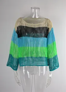 Colorful striped open-knit crochet sweater detail shown on a transparent mannequin.