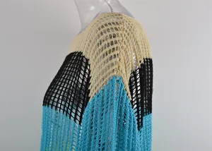 Close-up detail of crochet knit cover-up featuring color block design and mesh texture