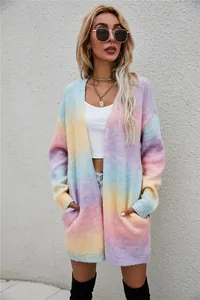 Detailed view of women's rainbow tie-dye long knit cardigan with loose fit and open front