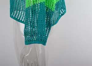 Macro view of teal and lime green hollow-out crochet mesh sun protection knitwear