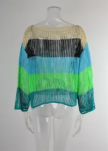 Back view of a vibrant rainbow striped crochet mesh knit cover-up sweater for beach vacations