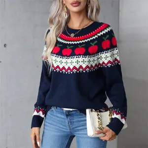 Suéter de Punto para Mujer con Estampado de Árbol de Navidad y Manzana Manga Larga Cuello Redondo Ropa Festiva de Invierno