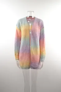 Front view detail of a pastel rainbow tie-dye knit cardigan on a transparent mannequin.